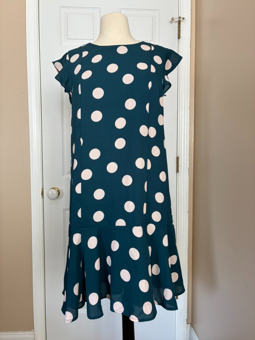 Loft Dress Forest Green Ivory Polka Dots Size M